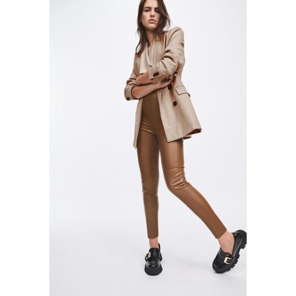 BNWT  Zara Brown Faux Leather High Rise Leggings w Raw Hem size XS - Picture 5 of 15